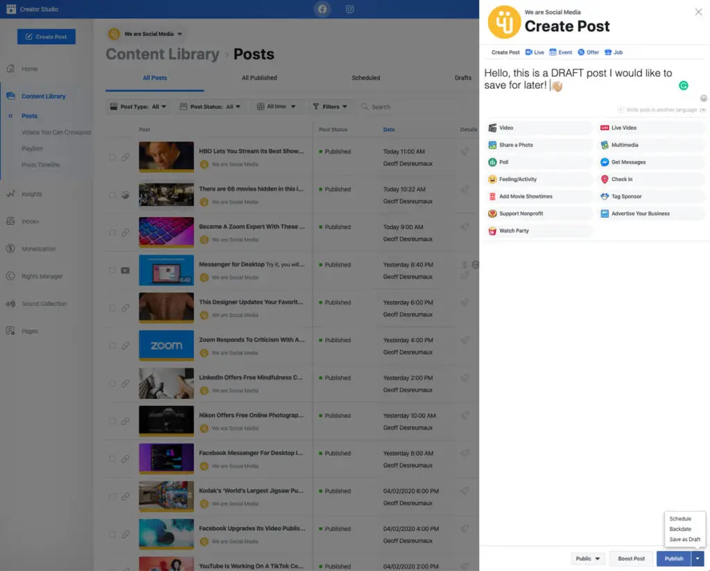 How To Save Draft Posts On Facebook Pages