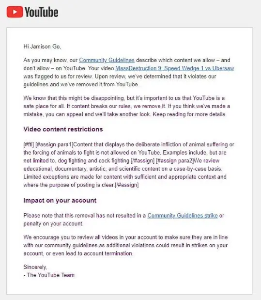 screenshot of email from YouTube to Jamison Go regarding removal of video citing "animal cruelty"