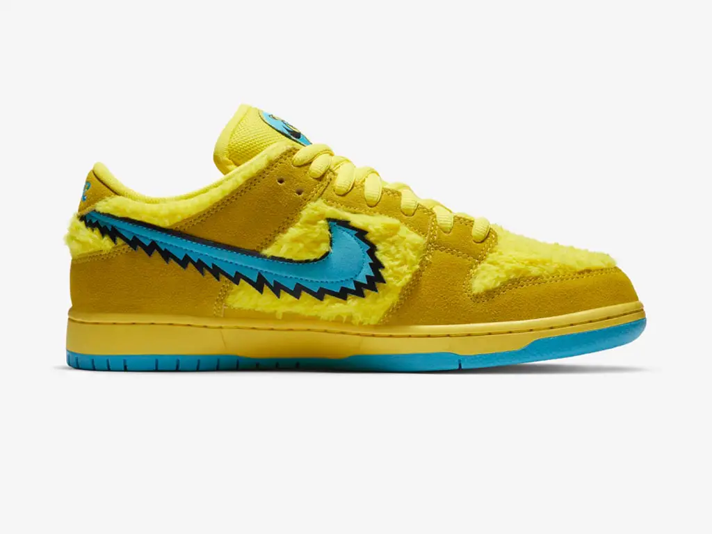 blue and yellow fuzzy dunks