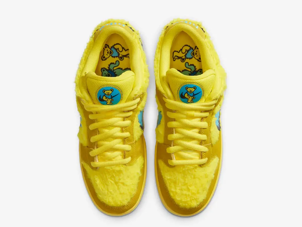 blue and yellow fuzzy dunks